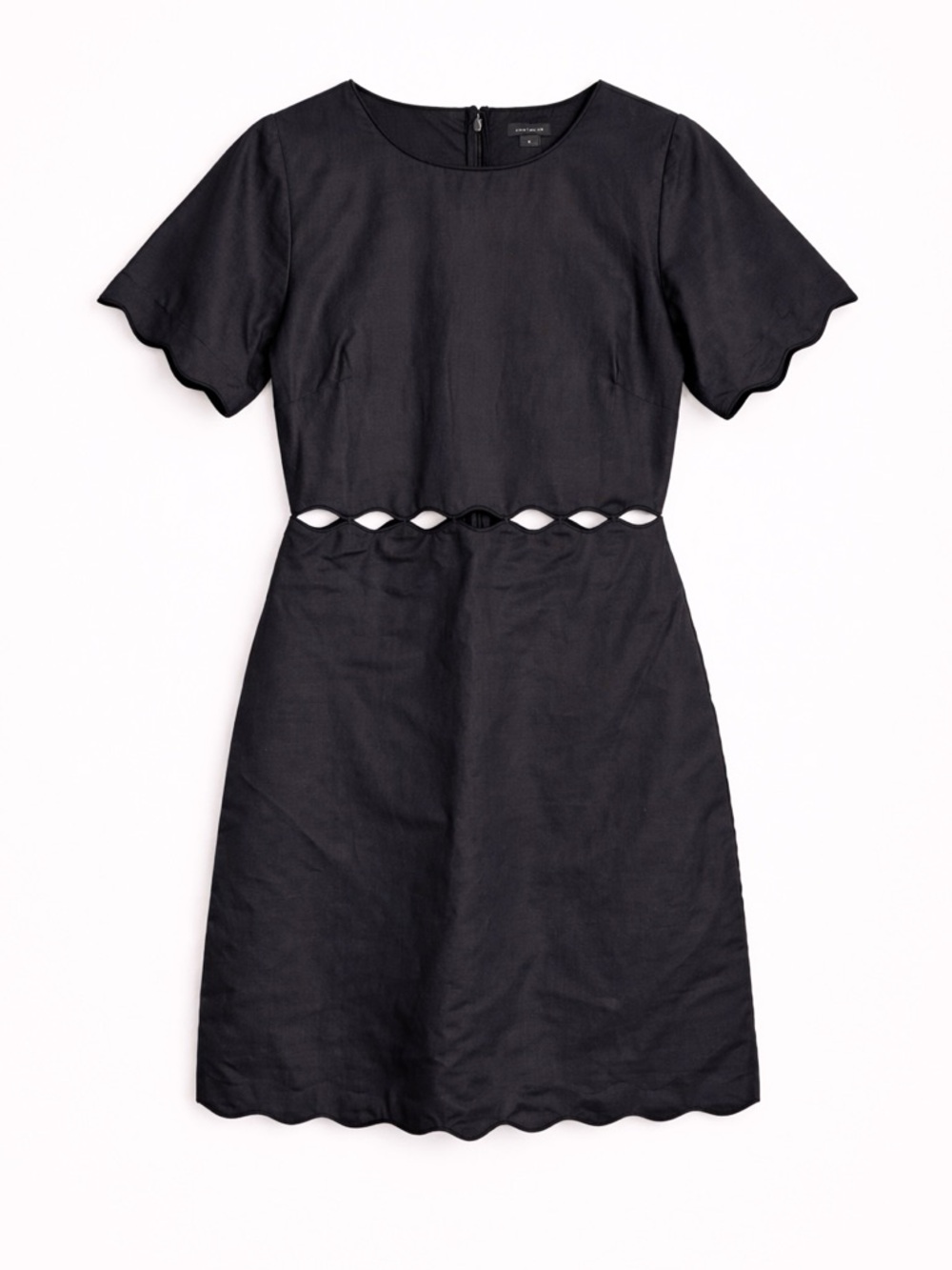 Ann Taylor Black Scallop Edge Midi Dress Linen Cutout Waist 6 Wedding Guest